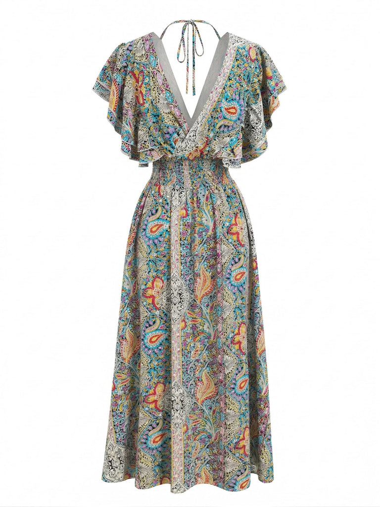 Multicolor 1970s Bohemia Ruffle Sleeve Smocked Dress - vintage dress, retro fashion for vintage lovers