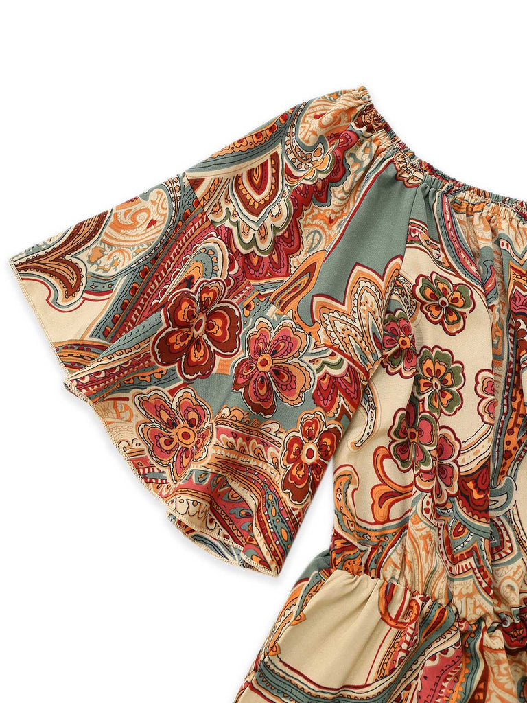Multicolor 1970s Bohemian Off-Shoulder Romper - vintage jumpsuit, retro fashion