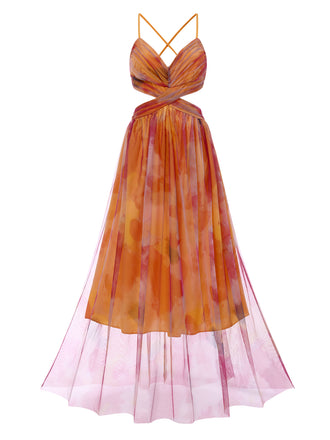 She slips into this Multicolor 1970s Bohemian Tie-Back Floral Mesh Dress and suddenly it's a 1970s daydream