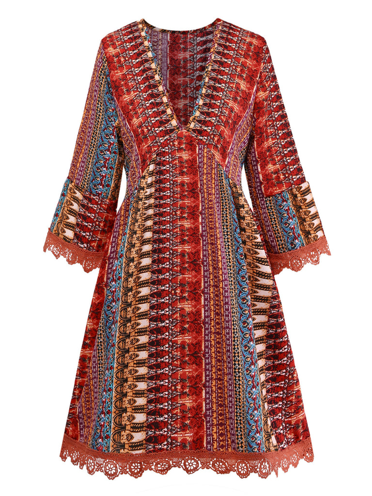 Multicolor 1970s Bohemian V-Neck Tiered Sleeve Dress - vintage dress, retro fashion, elegant style for vintage lovers