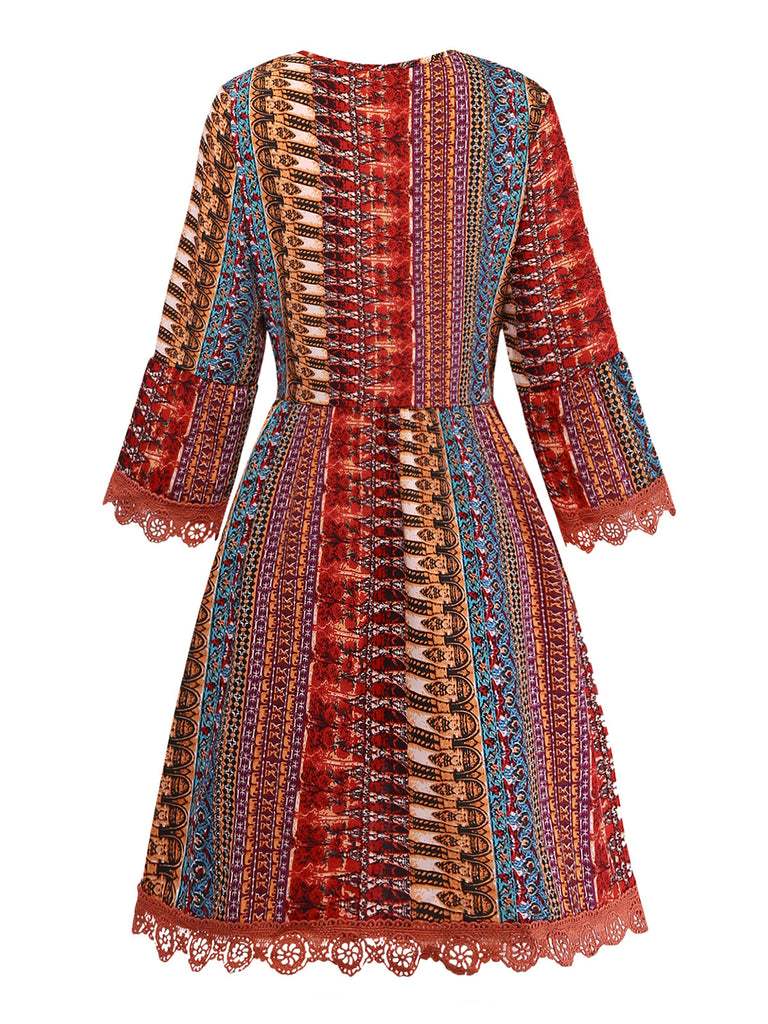 Multicolor 1970s Bohemian V-Neck Tiered Sleeve Dress: beautiful vintage dress, retro fashion, elegant style with timeless appeal