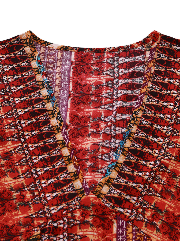 Multicolor 1970s Bohemian V-Neck Tiered Sleeve Dress: beautiful vintage dress, retro fashion, elegant style with timeless appeal