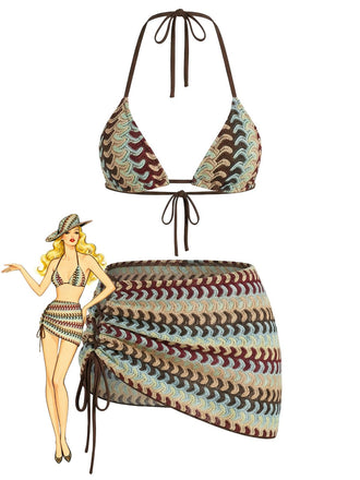 Multicolor 1970s Boho Halter Bikini Set & Cover-Up - vintage swimsuit, pin-up swimwear for vintage lovers