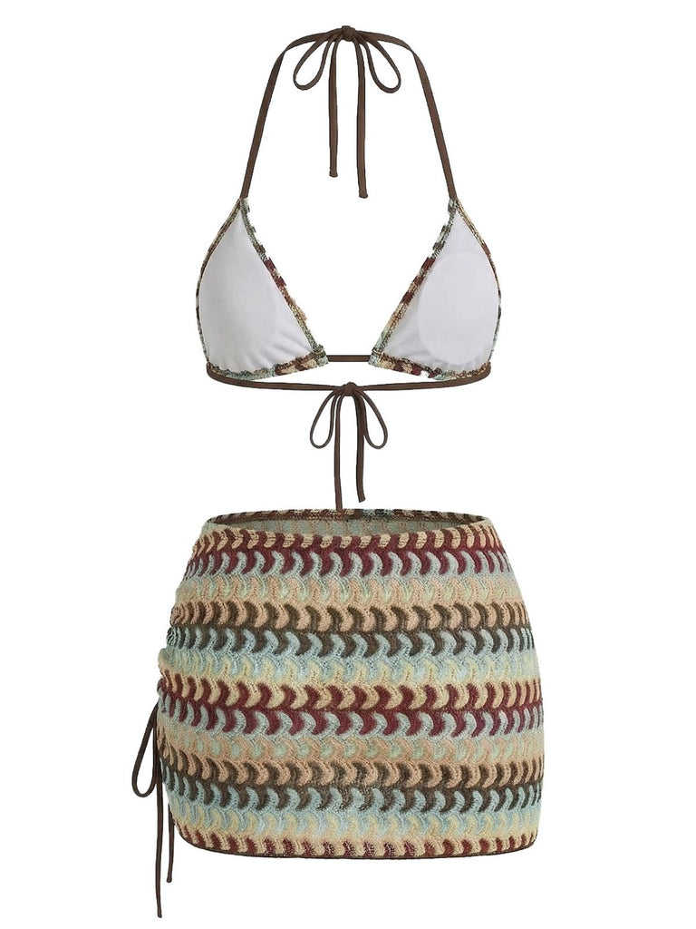 Multicolor 1970s Boho Halter Bikini Set & Cover-Up - vintage swimsuit, pin-up swimwear for vintage lovers