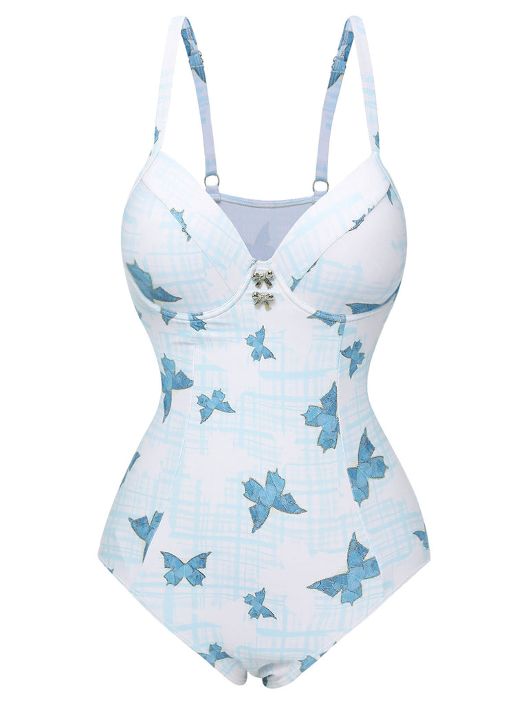 Multicolor 1970s Butterfly Bow Strap Swimsuit: 1970s Riviera elegance, reimagined for her