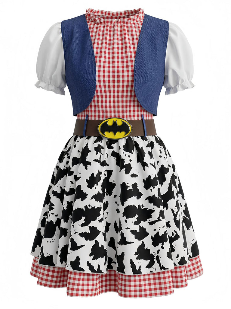 Multicolor 1970s Plaid Bats Cow Skin Patchwork Dress - vintage dress, retro fashion for vintage lovers