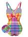 Multicolor 1970s Rainbow Plaid Bow Swimsuit, vintage swimsuit, pin-up swimwear - perfect for women who love vintage and retro fashion