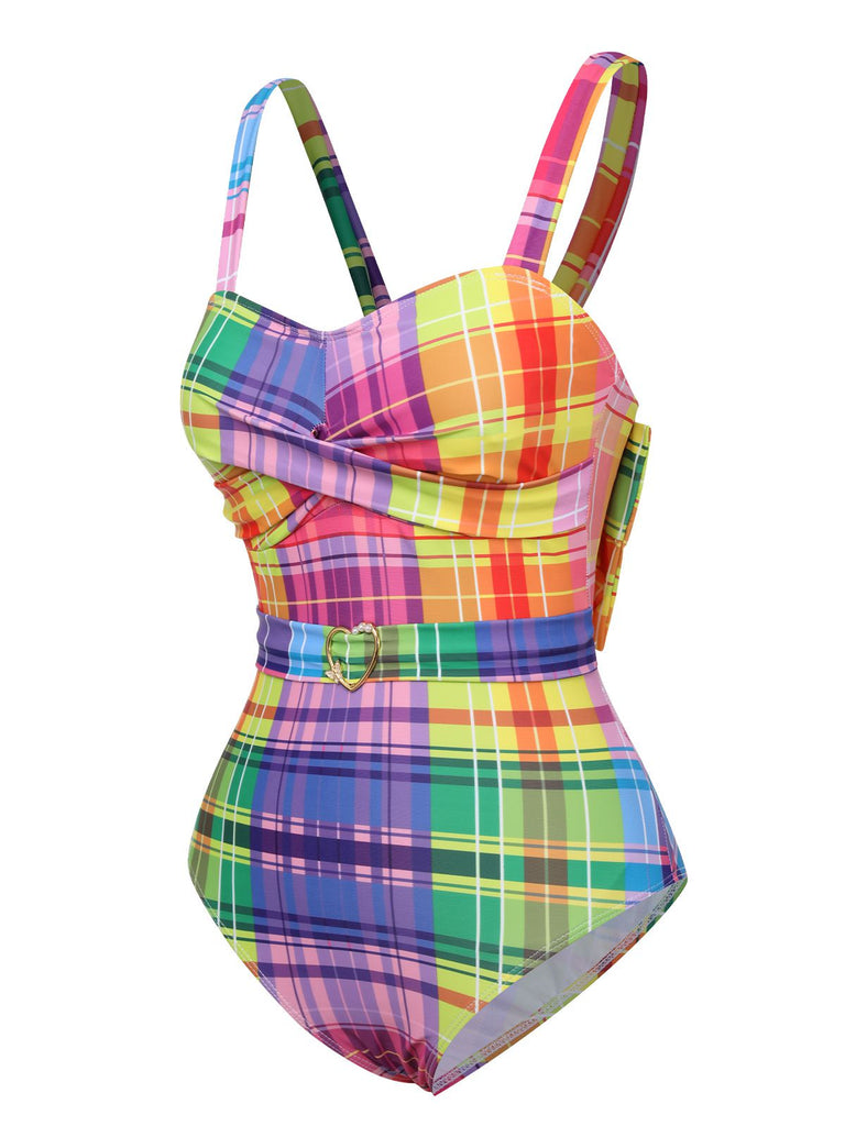 Multicolor 1970s Rainbow Plaid Bow Swimsuit, vintage swimsuit, pin-up swimwear - perfect for women who love vintage and retro fashion
