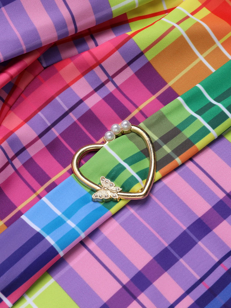 Multicolor 1970s Rainbow Plaid Bow Swimsuit, vintage swimsuit, pin-up swimwear - perfect for women who love vintage and retro fashion
