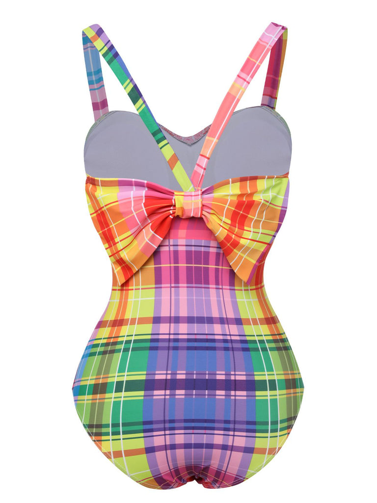 This Multicolor 1970s Rainbow Plaid Bow Swimsuit carries 1970s vacation dreams in every stitch