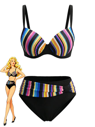 Multicolor 1970s Striped Halter Tankini Set - vintage fashion, retro style