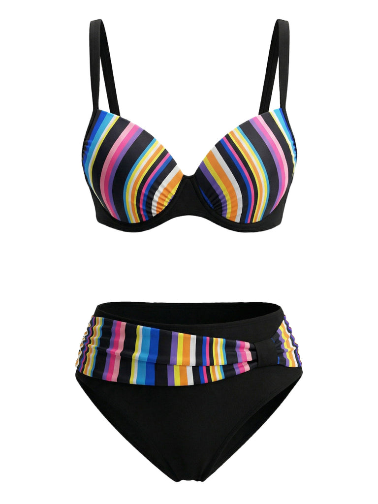 Multicolor 1970s Striped Halter Tankini Set - vintage fashion, retro style