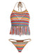 Multicolor 1970s Striped Tassel Crochet Halter Bikini Set: beautiful vintage swimwear, retro swimsuit, pin-up style with timeless appeal