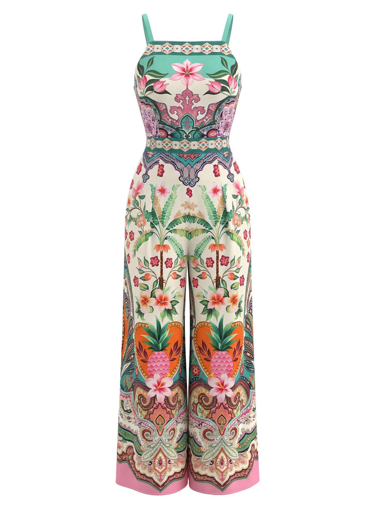 Multicolor 1970s Tropical Pineapple Print Wide-Leg Jumpsuit - vintage romper, retro jumpsuit for vintage lovers