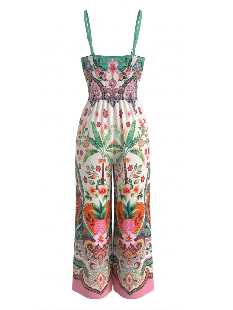 Multicolor 1970s Tropical Pineapple Print Wide-Leg Jumpsuit - vintage romper, retro jumpsuit for vintage lovers