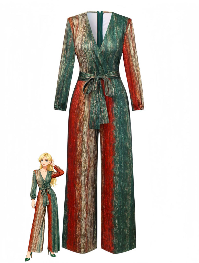 Multicolor 1970s V-Neck Belted Jumpsuit - vintage jumpsuit, retro fashion