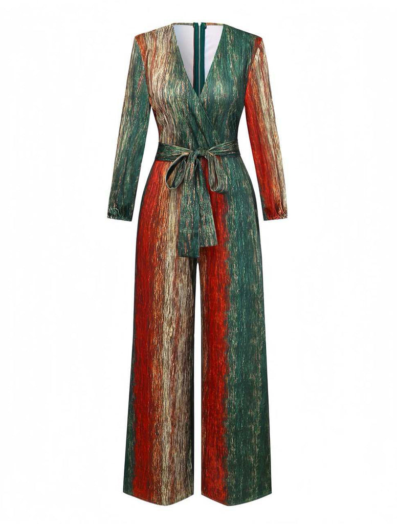 Multicolor 1970s V-Neck Belted Jumpsuit - vintage jumpsuit, retro fashion