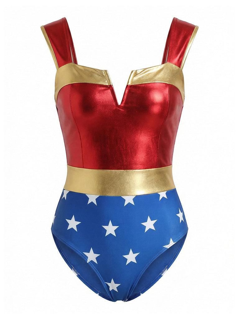 Multicolor-1970s-Wonder-Woman-Star-Print-One-Piece-Swimsuit, vintage, retro, swimwear