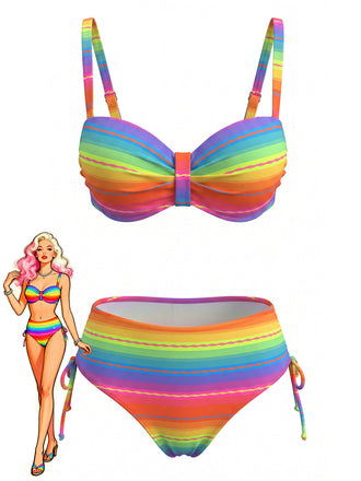 Multicolor 1980s Rainbow Ruched Bikini Set, vintage swimsuit, pin-up swimwear - perfect for women who love vintage and retro fashion