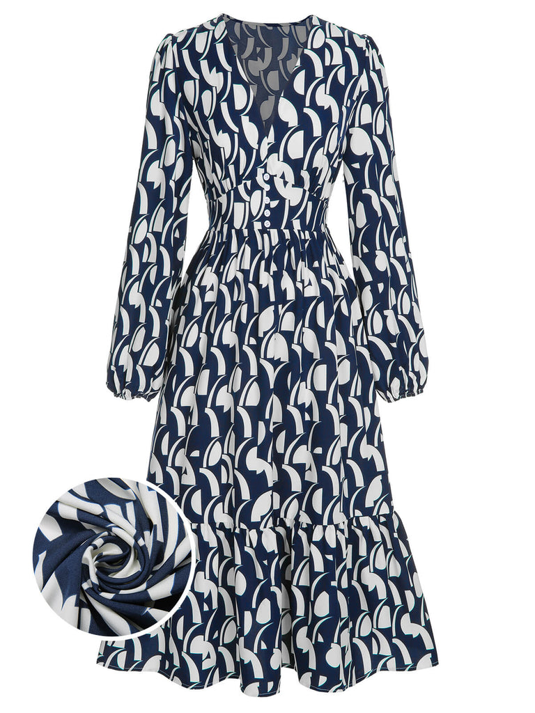 She slips into this Navy Blue 1930s Geometric Printed V-Neck Dress and suddenly it's a 1930s daydream