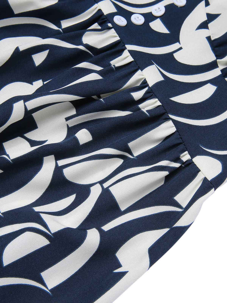 She slips into this Navy Blue 1930s Geometric Printed V-Neck Dress and suddenly it's a 1930s daydream