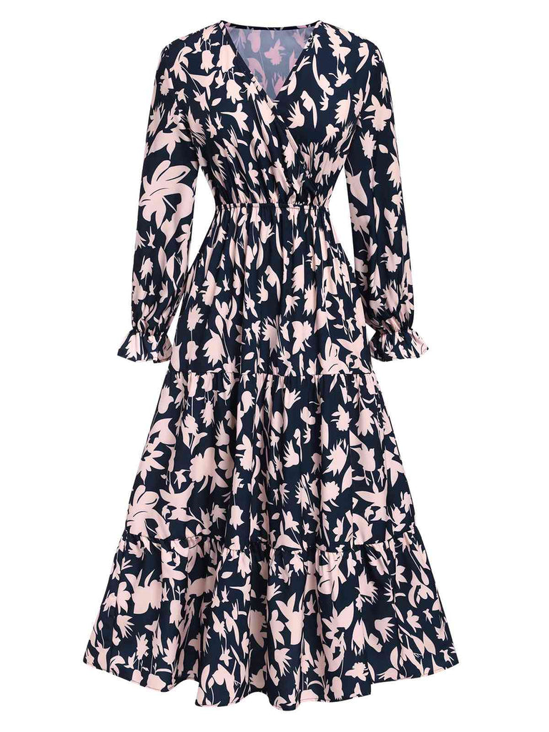 She slips into this Navy Blue 1930s V-Neck Floral Dress and suddenly it's a 1930s daydream