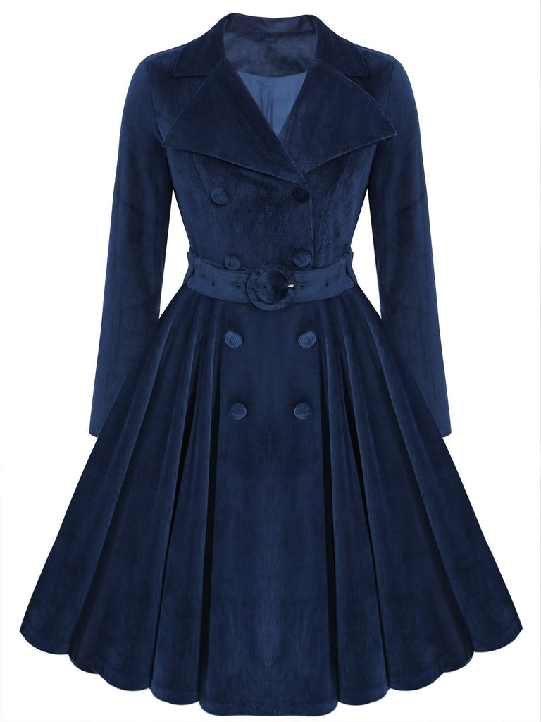 Navy Blue 1950s Corduroy Long Coat - vintage fashion, retro style