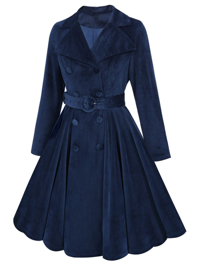 Navy Blue 1950s Corduroy Long Coat - vintage fashion, retro style