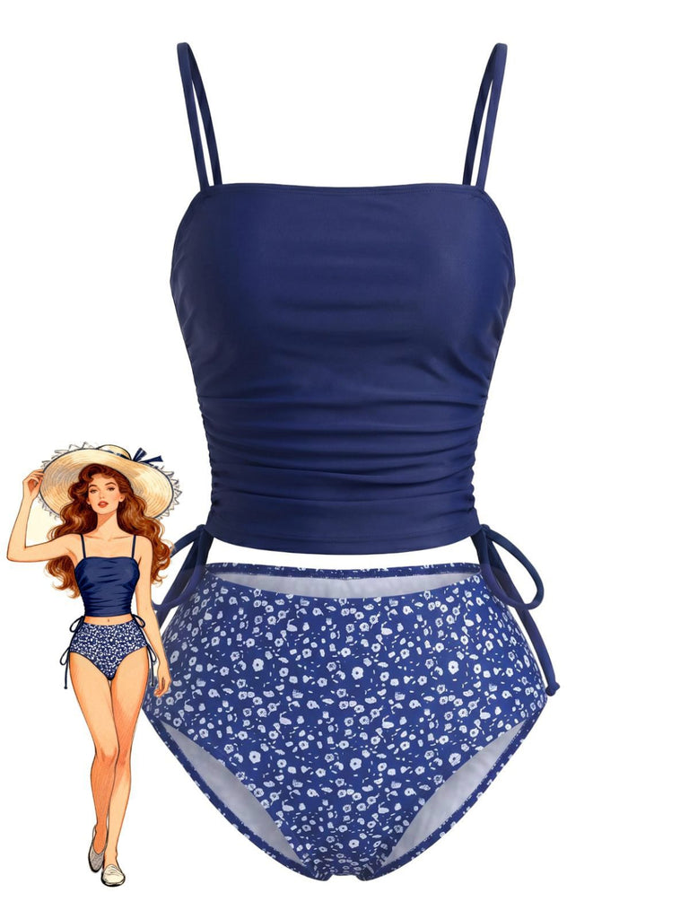 Navy Blue 1950s Floral Drawstring Waist Tankini Set, vintage fashion, retro style - perfect for women who love vintage and retro fashion