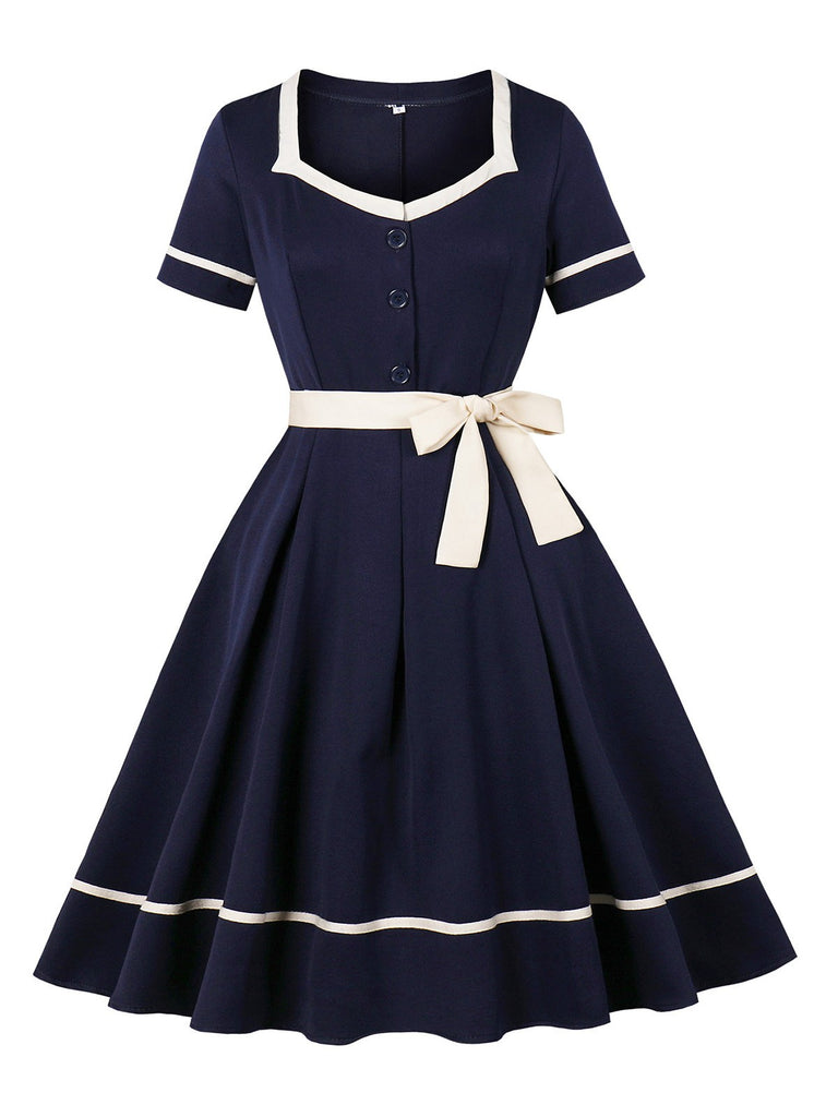 Navy Blue 1950s Nautical Square Neck Belted Dress - vintage dress, retro fashion, rockabilly
