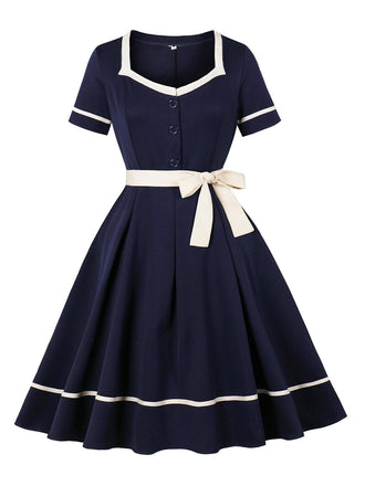 Navy Blue 1950s Nautical Square Neck Belted Dress - vintage dress, retro fashion, rockabilly