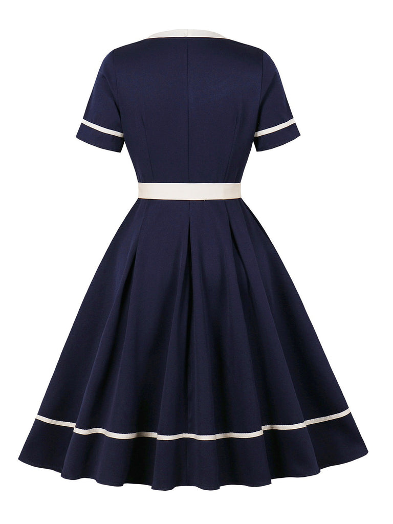 Navy Blue 1950s Nautical Square Neck Belted Dress - vintage dress, retro fashion, rockabilly