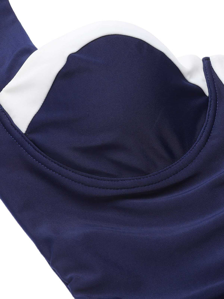 Navy Blue 1950s Pleated Halter Swimsuit — vintage elegance for the modern woman