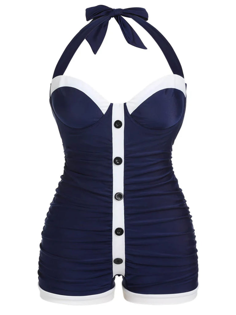 Navy Blue 1950s Pleated Halter Swimsuit: timeless style reimagined