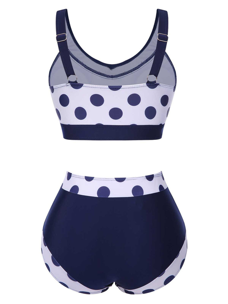 This Navy Blue 1950s Polka Dots High-Waist Swimsuit carries 1950s vacation dreams in every stitch