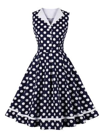 Navy Blue 1950s Polka Dots Lapel Dress: where 1950s romance meets her modern spirit