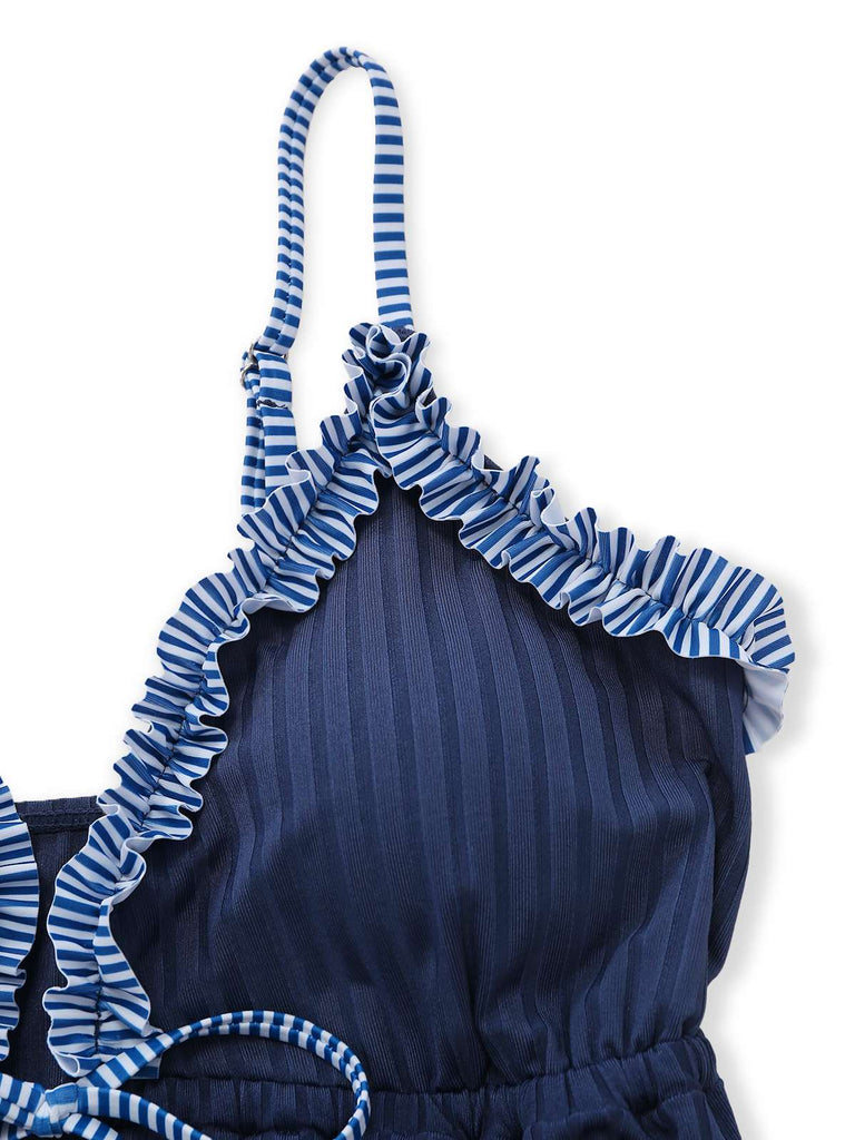 Navy Blue 1950s Ruffled Striped Tie Front Tankini Set | vintage fashion, retro style, classic elegance - perfect for retro fashion enthusiasts