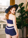 Navy Blue 1950s Spaghetti Buttons Swimsuit: timeless style reimagined