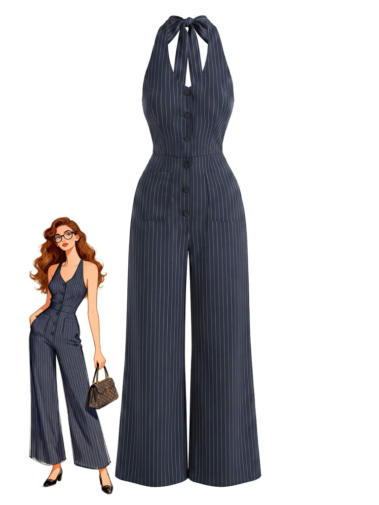 Navy Blue 1950s Striped Halter Backless Jumpsuit, vintage romper, retro jumpsuit - perfect for women who love vintage and retro fashion