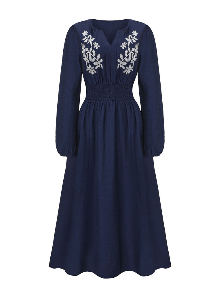 Navy Blue 1970s Floral Embroidered Maxi Dress - vintage dress, retro fashion, elegant red