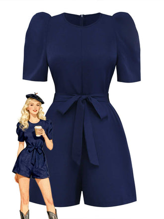 Navy Blue 1980s Belted Solid Romper - vintage jumpsuit, retro fashion