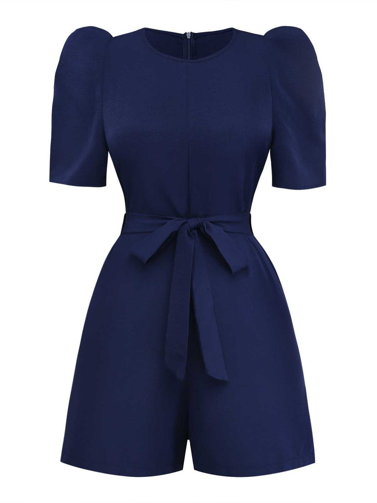 Navy Blue 1980s Belted Solid Romper - vintage jumpsuit, retro fashion
