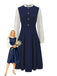 Navy Blue 1980s Ruffle Collar Heart Buttons Dress - vintage dress, retro fashion