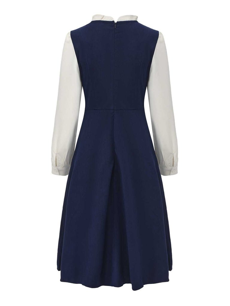 Navy Blue 1980s Ruffle Collar Heart Buttons Dress - vintage dress, retro fashion