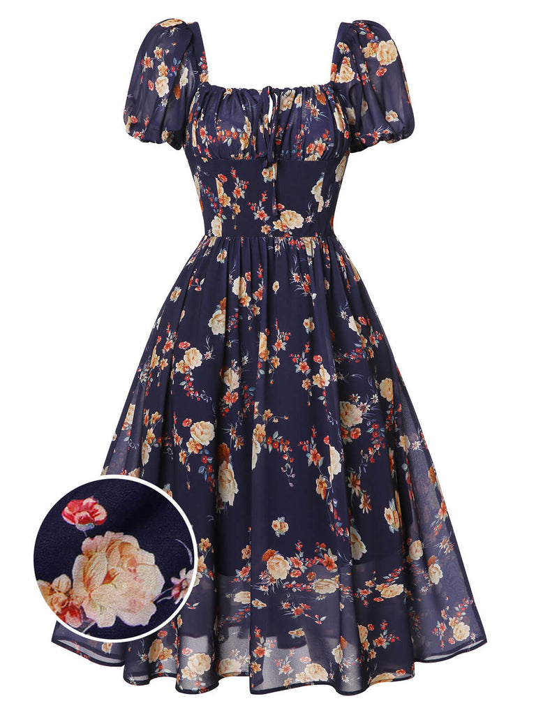 Navy Blue Floral Bubble Sleeves Dress, vintage dress, retro fashion, floral print - perfect for women who love vintage and retro fashion