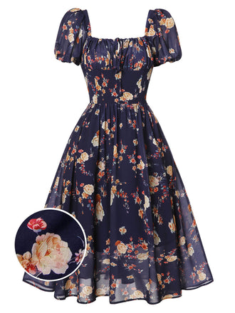 Navy Blue Floral Bubble Sleeves Dress, vintage dress, retro fashion, floral print - perfect for women who love vintage and retro fashion