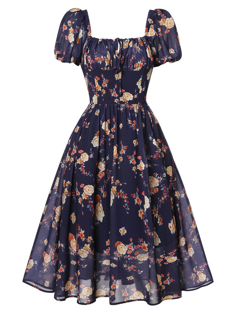Navy Blue Floral Bubble Sleeves Dress, vintage dress, retro fashion, floral print - perfect for women who love vintage and retro fashion