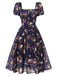 Navy Blue Floral Bubble Sleeves Dress, vintage dress, retro fashion, floral print - perfect for women who love vintage and retro fashion