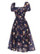 Navy Blue Floral Bubble Sleeves Dress, vintage dress, retro fashion, floral print - perfect for women who love vintage and retro fashion