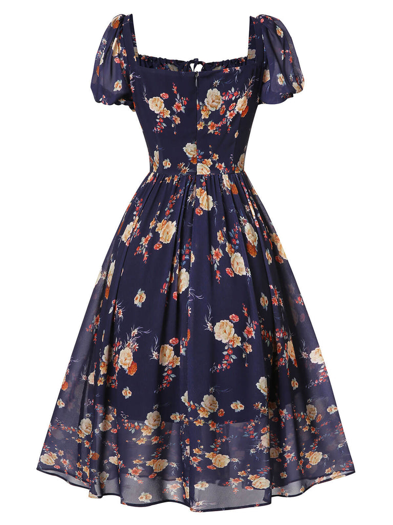 Navy Blue Floral Bubble Sleeves Dress, vintage dress, retro fashion, floral print - perfect for women who love vintage and retro fashion